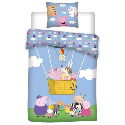 Image of Gurli Gris sengetøj 100x140 cm - Gurli Gris junior sengesæt - Flyver i luftballon - 100% blød bomuld